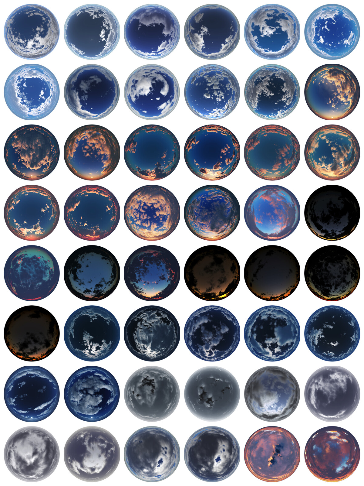 Here are all 48 skies. A few of them are variants of each other, while similar, all lighting situations are different.