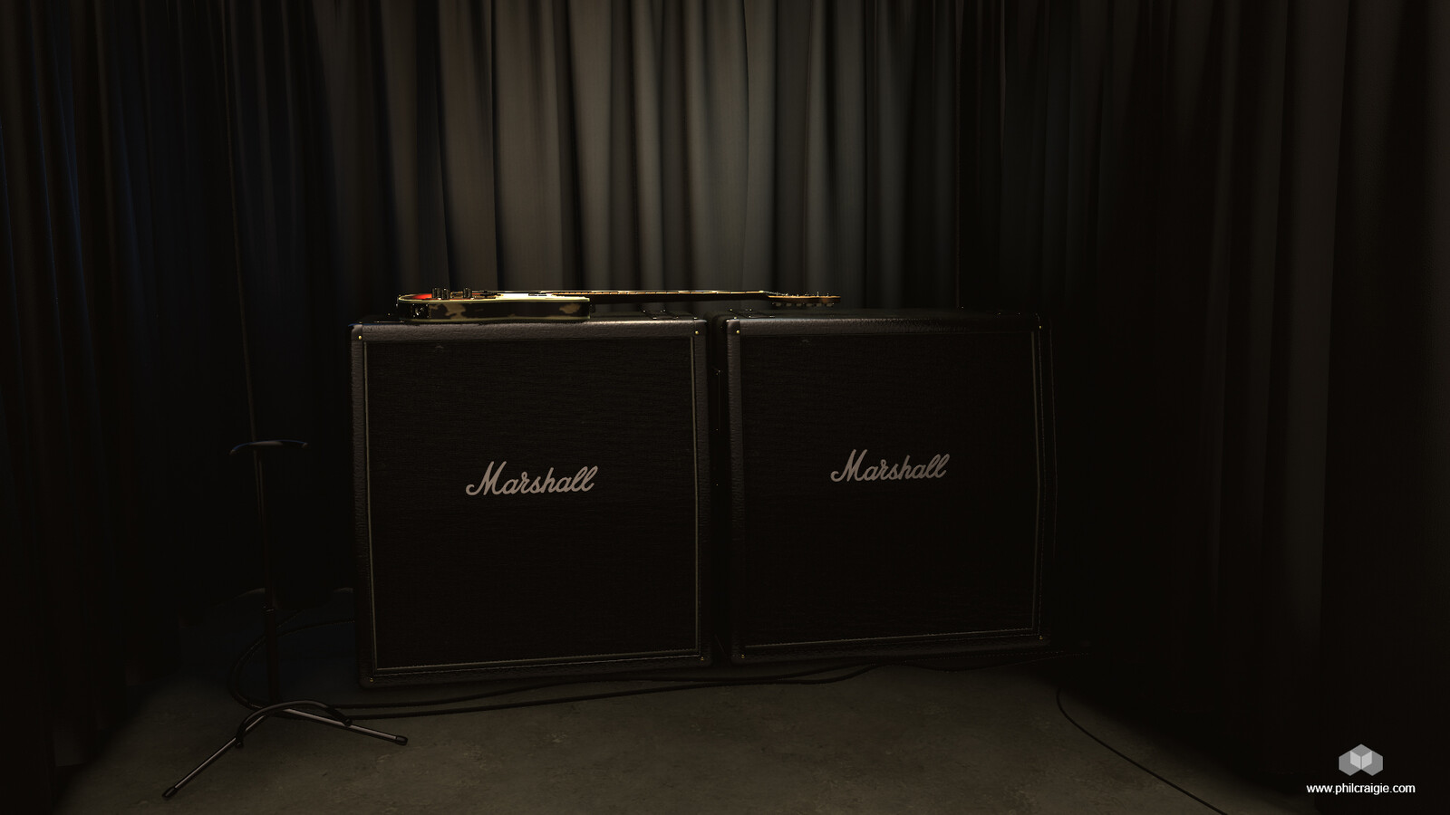 The Studio setup for the renders. This shows the other props I created.
Curtains, Speakers cabinets, guitar stand and floor.  The Marshall speaker cabinets tiling materials (vinyl covering and speaker cloth) were created in Substance Alchemist.