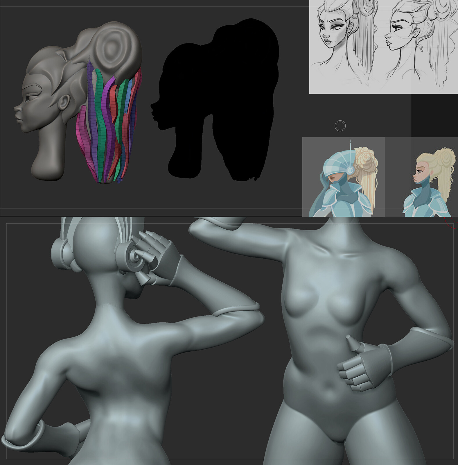 I like to mix free sculpting (for anatomy) and traditional subD modeling approaches. I use extensively Zmodeler and curves functions in Zbrush.