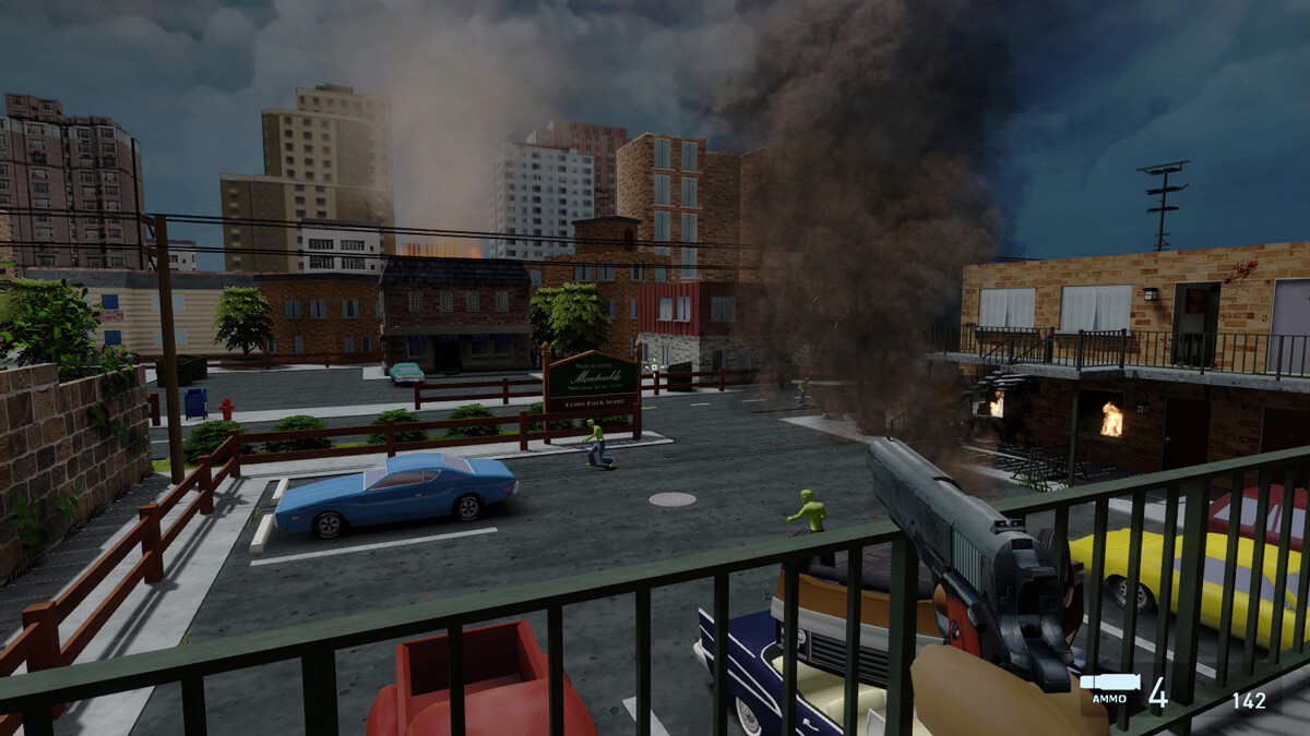 Interactive indie game environment - apartment parking lot and cityscape. Maya, Photoshop, Source Engine