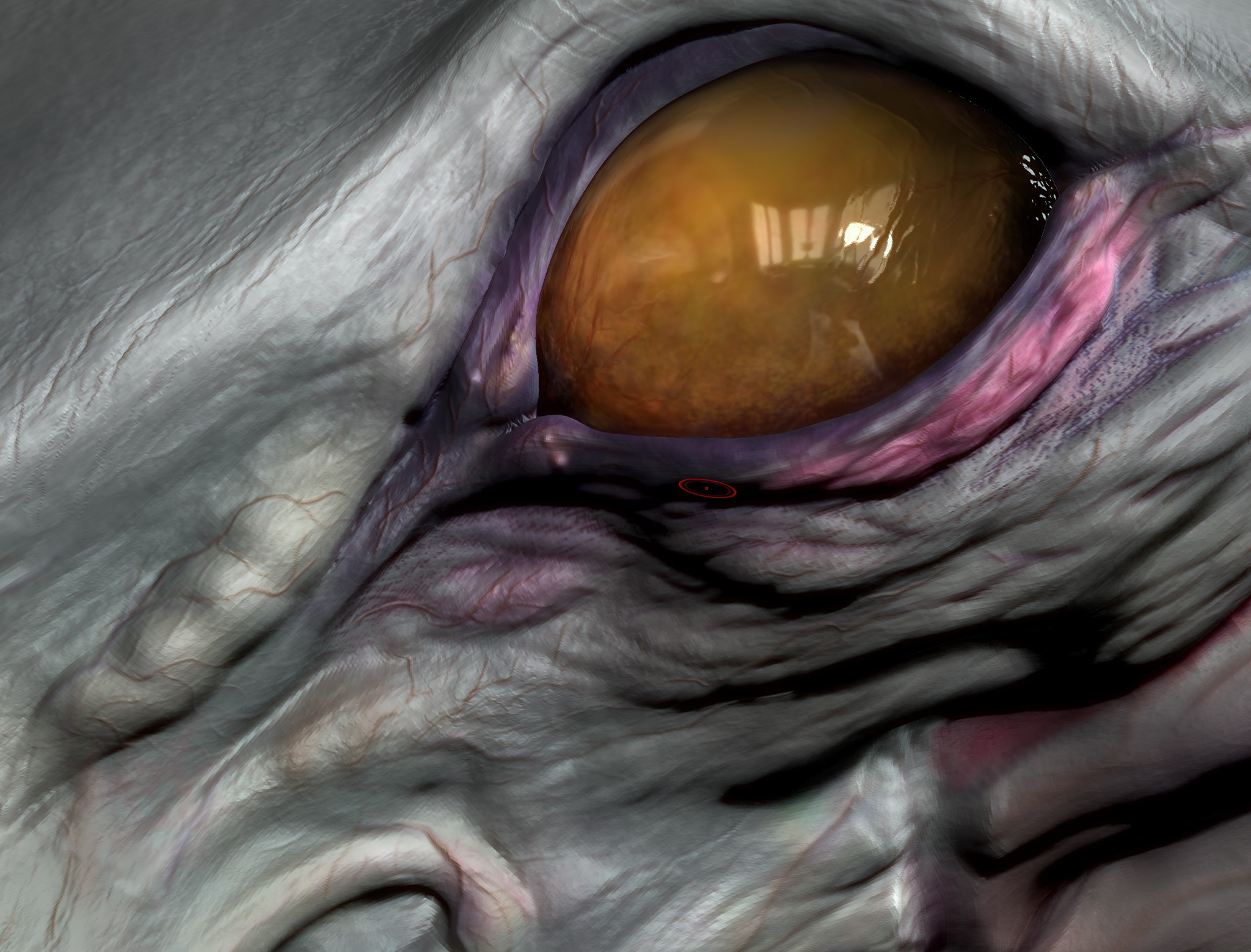 Crop of the Zbrush viewport from the tertiary stage.  I really like that Eye Shader i "set" on Zbrush. A Bit hard to replicate on Render. 
