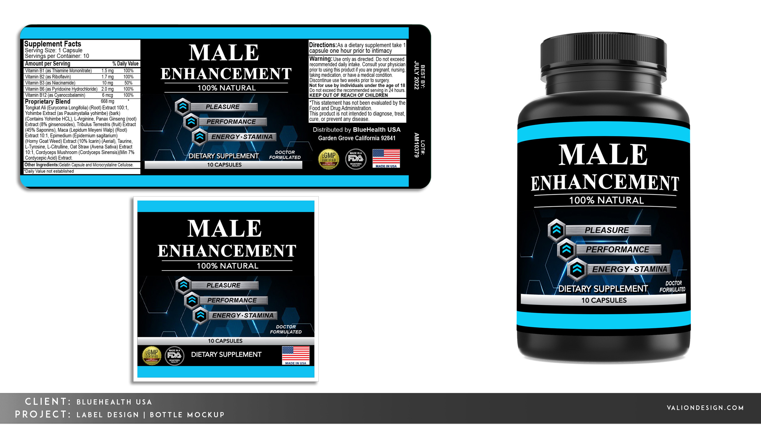 Custom label design to fit client's supplement bottle and sticker label for box packaging.