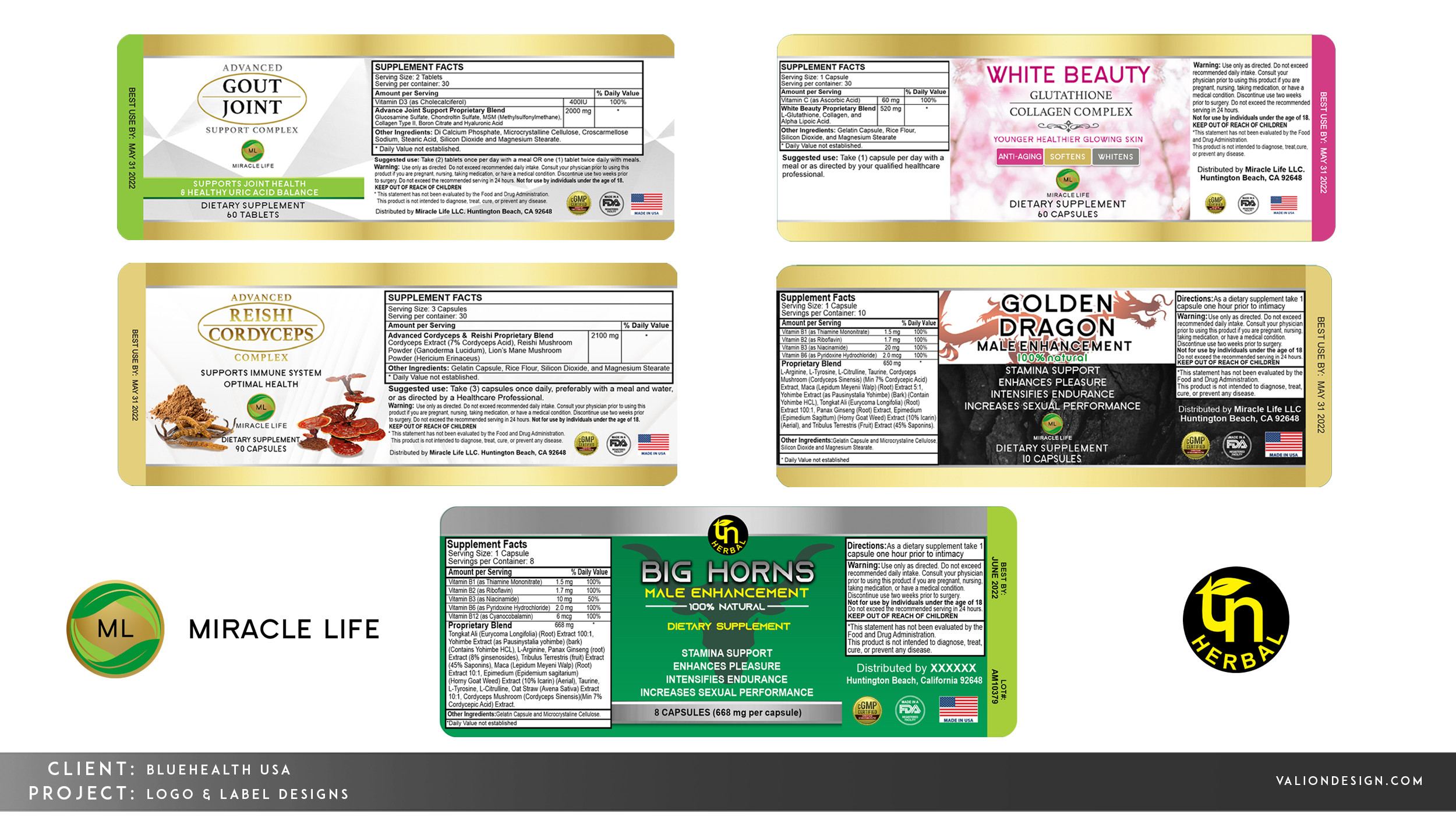 Created custom logos (Miracle Life, TN Herbal) and vitamin/supplement packaging for clients of BlueHealth USA.