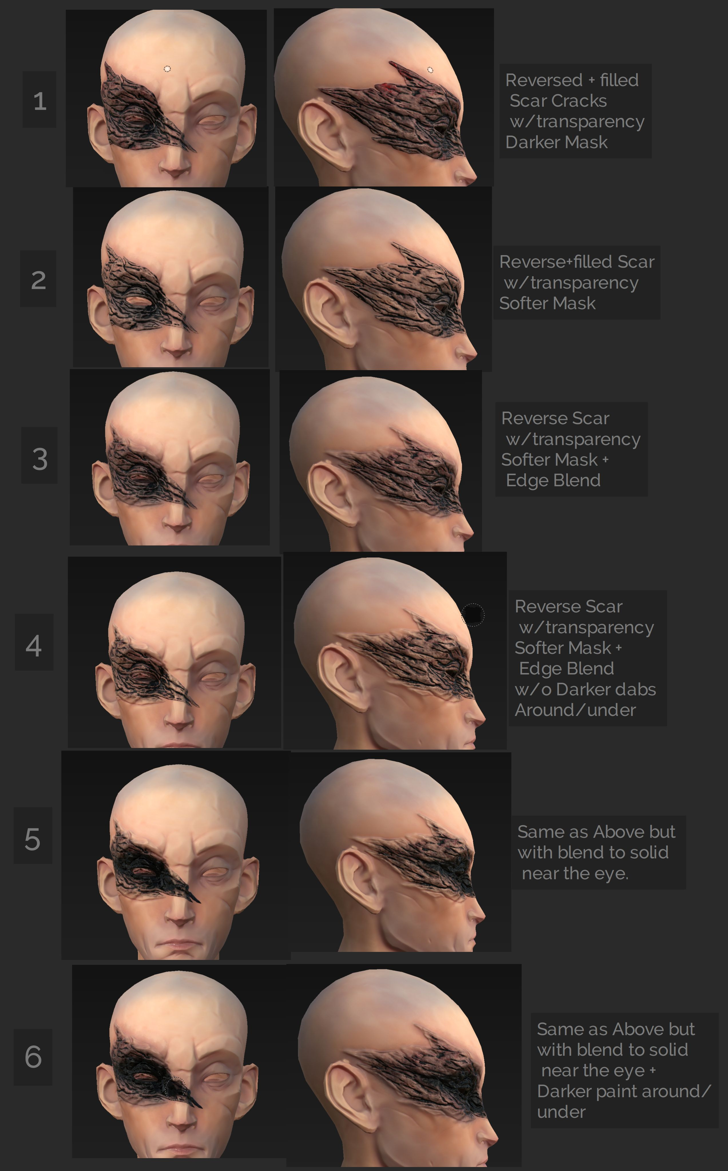 I've made a ton of scar texture variations, so the director could choose from.