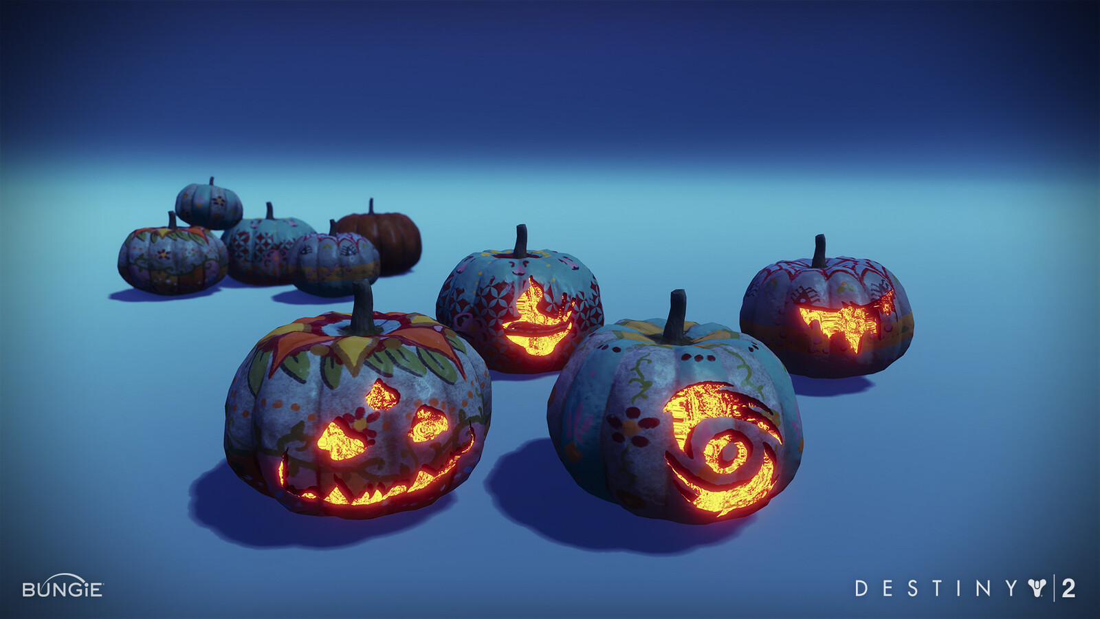 Jack-o-lanterns glowing at night