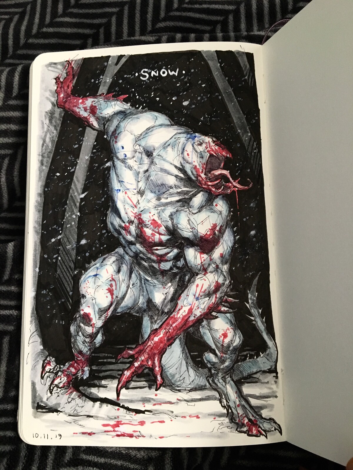 Day 11 of inktober 2019! Snow! Alien creature skulking through the snow blanketed forest 😱 Warning there’s blood ⚠️