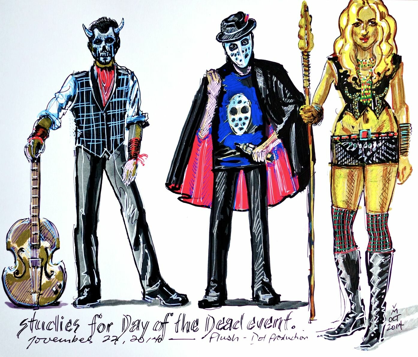 Costume designs for main characters.