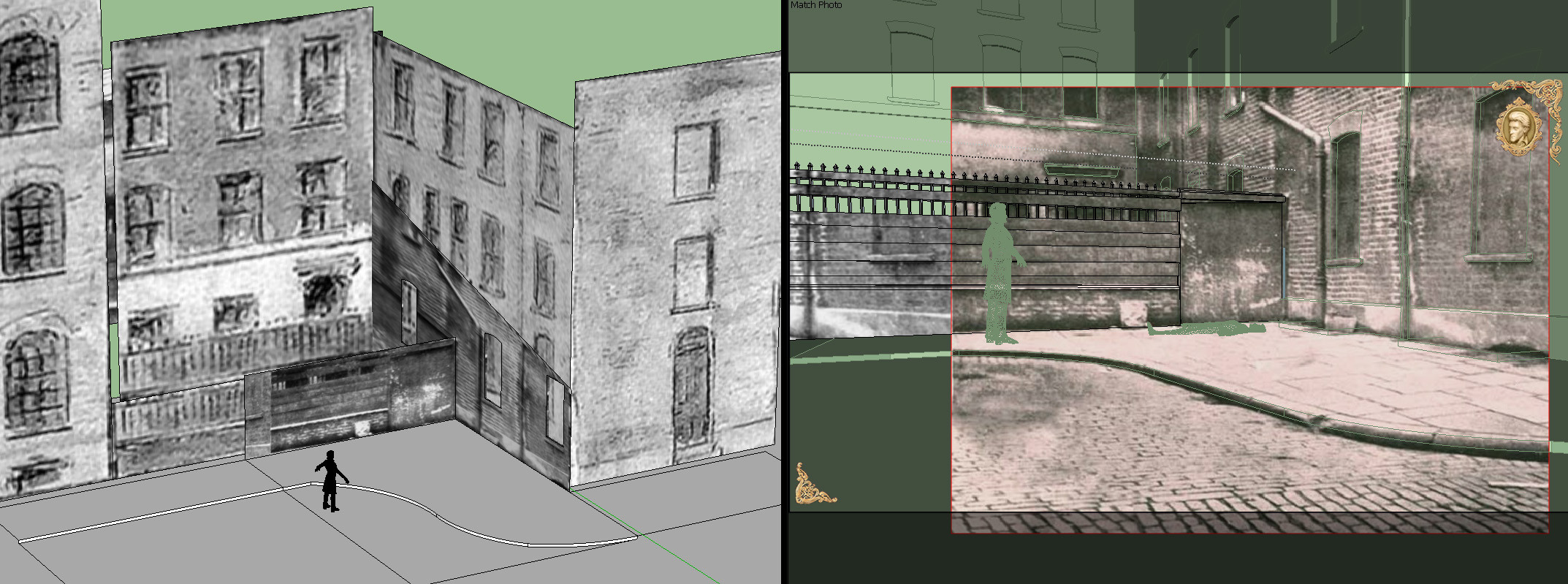 I used the illustration as a starting point and turned it into a 3D scene in Sketchup. I then used the contemporary photo to get the geometric details of the crime scene as accurate as possible to what it looked like at the time.