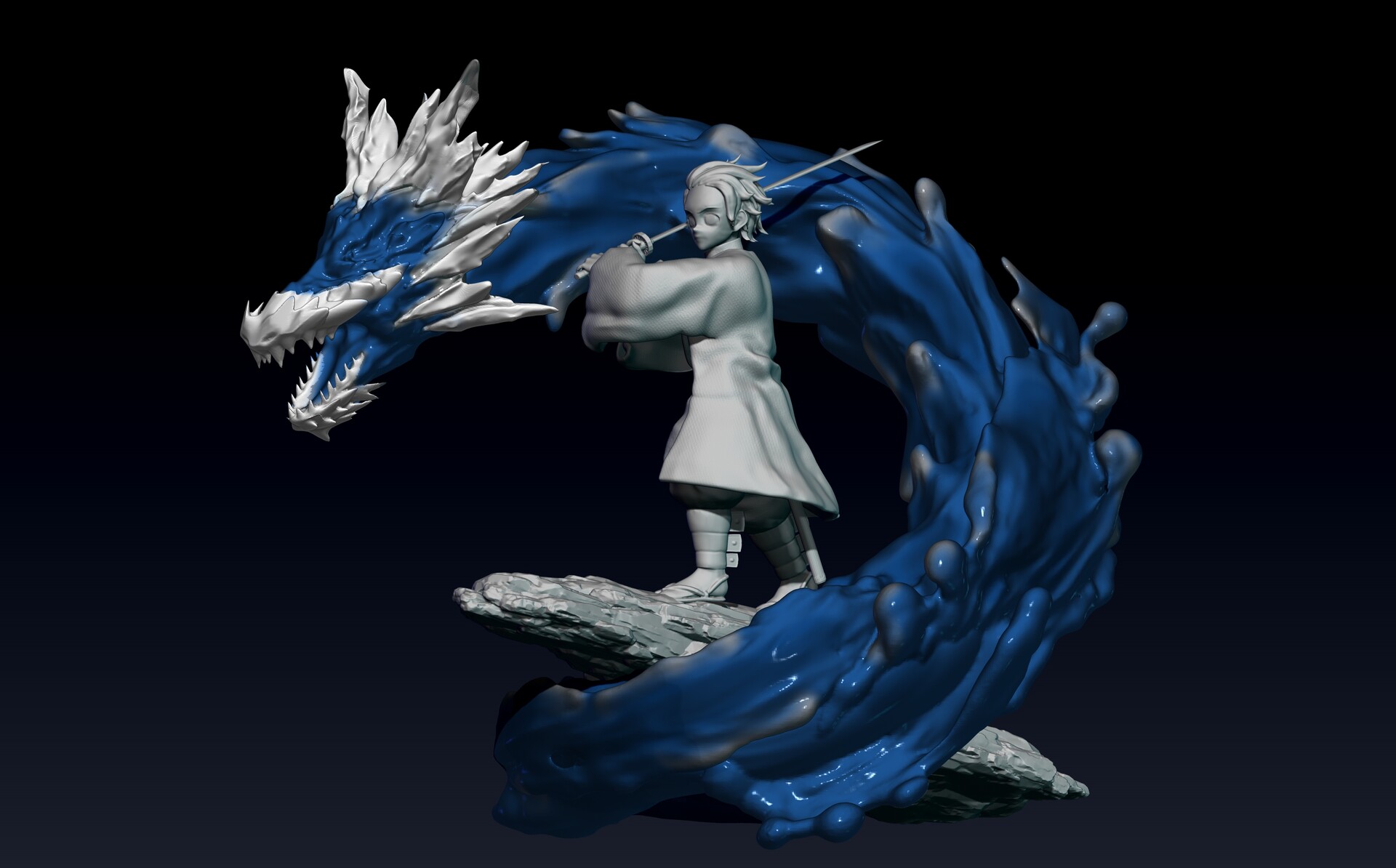 Artstation Kimetsu No Yaiba Demon Slayer Tanjiro With Water Dragon 3d Print Statue Pascal Gattringer