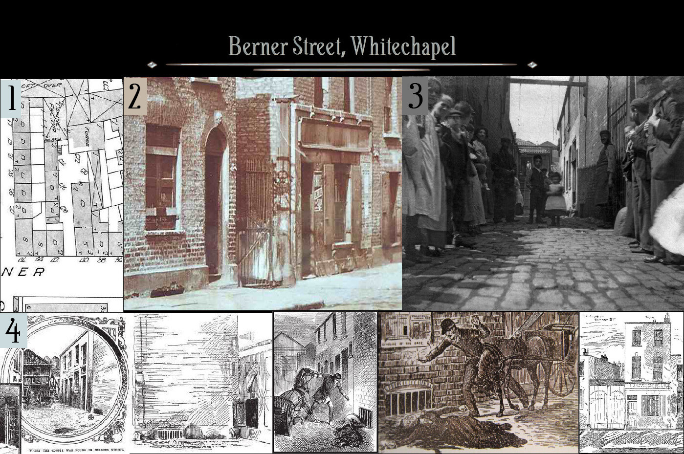 1. The original layout, which is now a carpark. 2. A photo of the alley in which Elizabeth Stride was murdered. 3. A view down the alley. 4. Various contemporary illustrations of the scene.