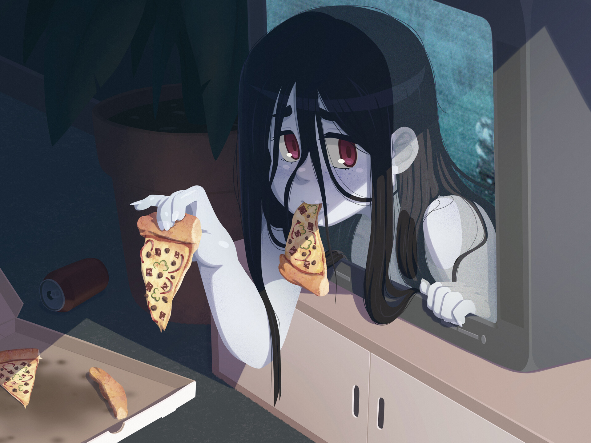 Can Sadako have some of your left over pizza? 