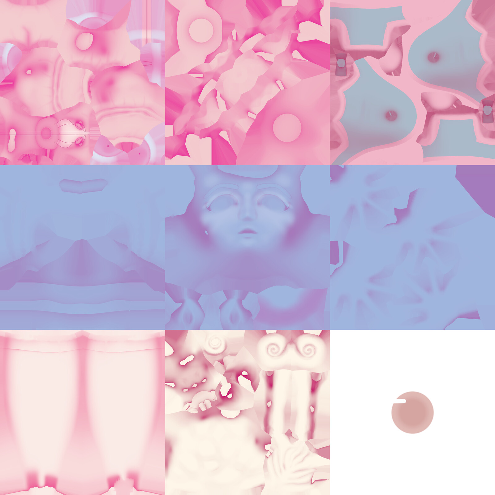 All the separate texture files
Top row: body clothes / neck frill / shoes
Middle row: top &amp; back of head / face &amp; horn &amp; ears / hands
Bottom row: legs / hair / eyes