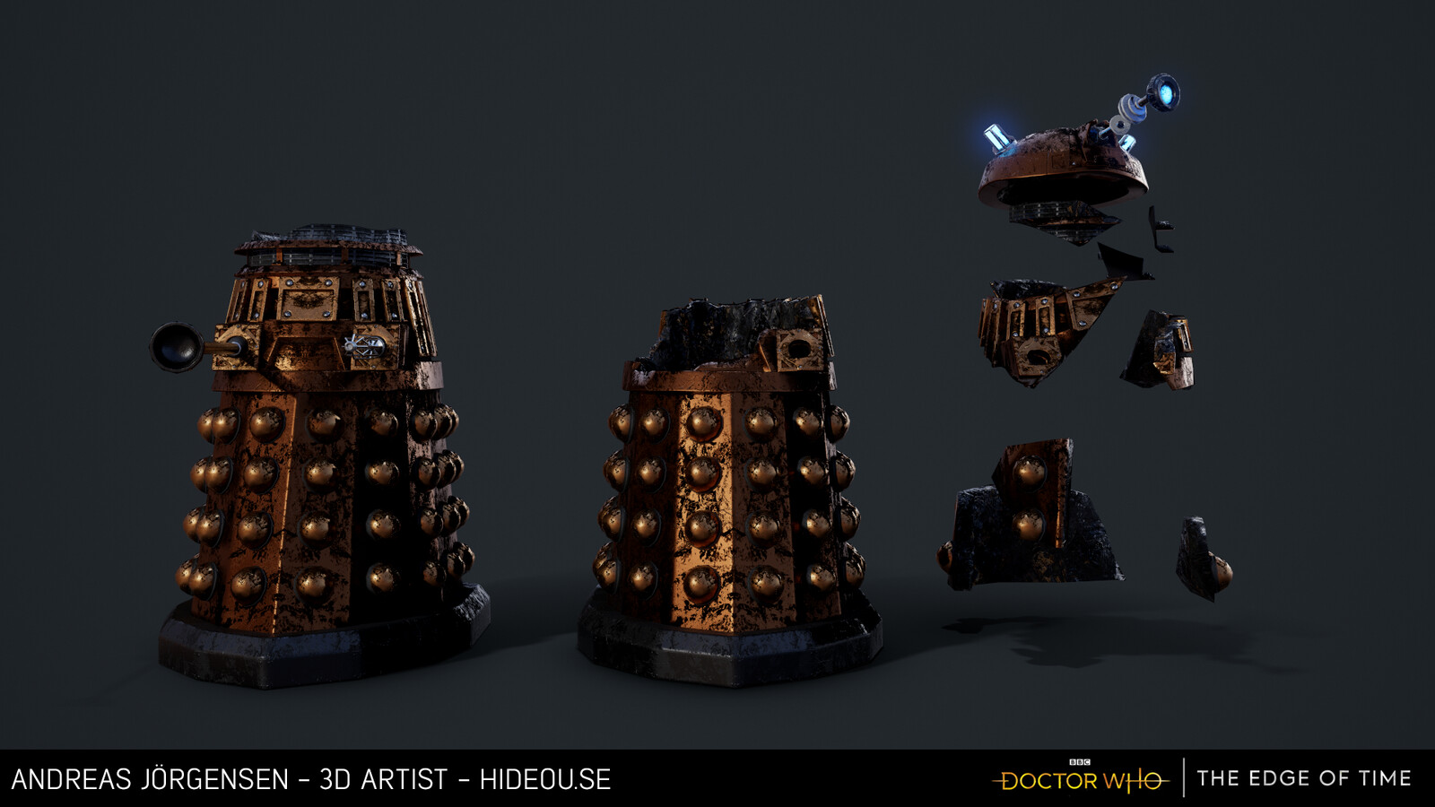 Various states of destroyed Dalek, physics debris on the right