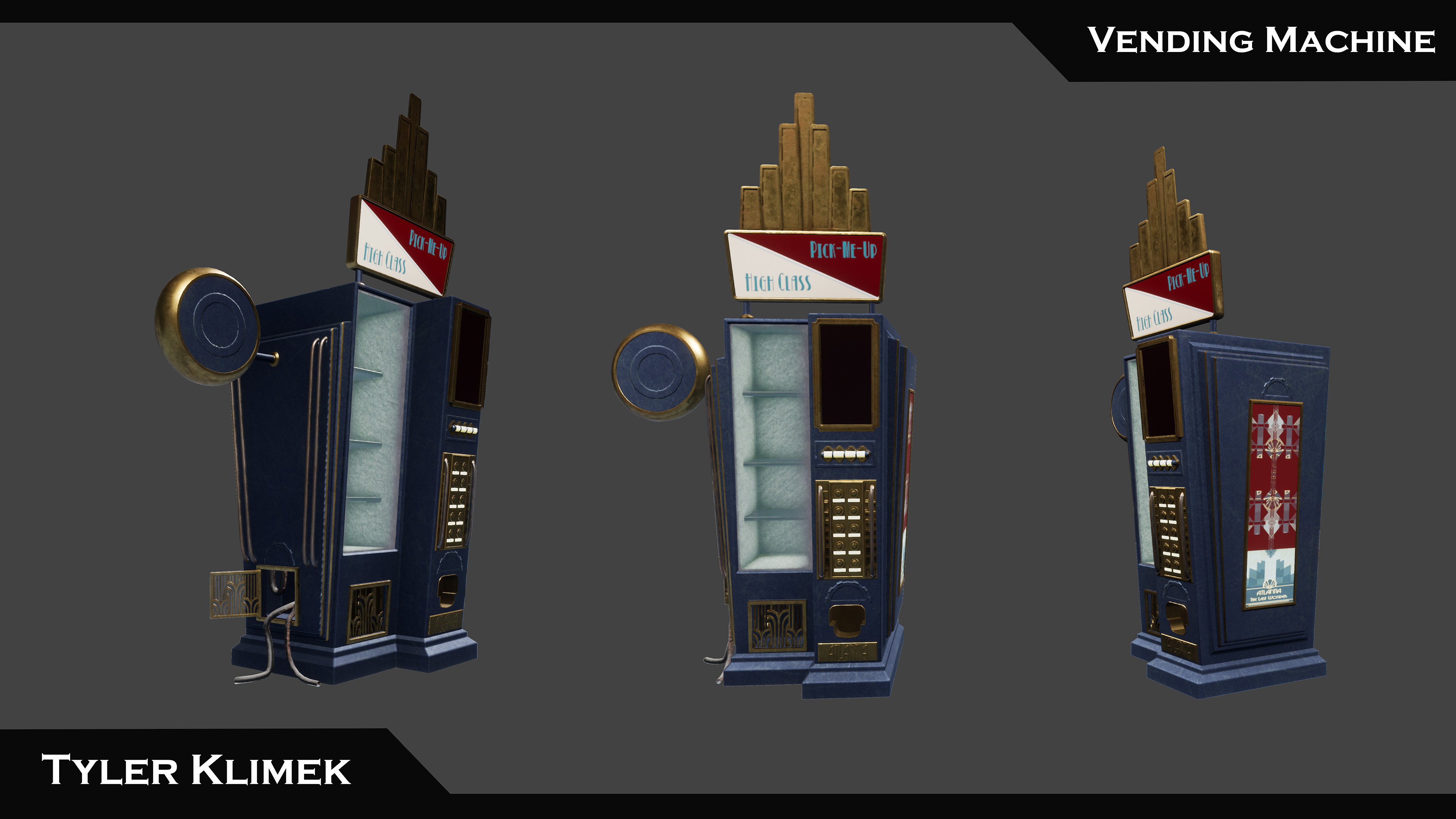 The vending machine asset I made for the scene. This design was extremely influenced by bioshock