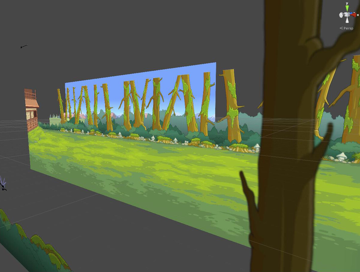 Example of level layout. I separated specific pieces of art and spaced them on the Z axis in order to get a parallax effect.