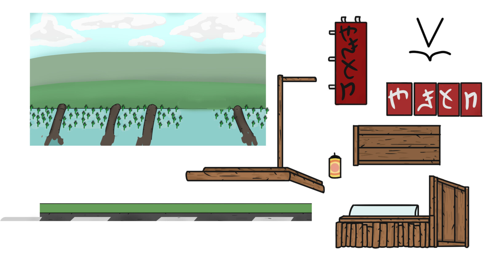 The objects that were used for the animation. The background looks rough, but it's complemented by the food stand covering it. I didn't pay as much time to the background, because I focused on the foreground animation.