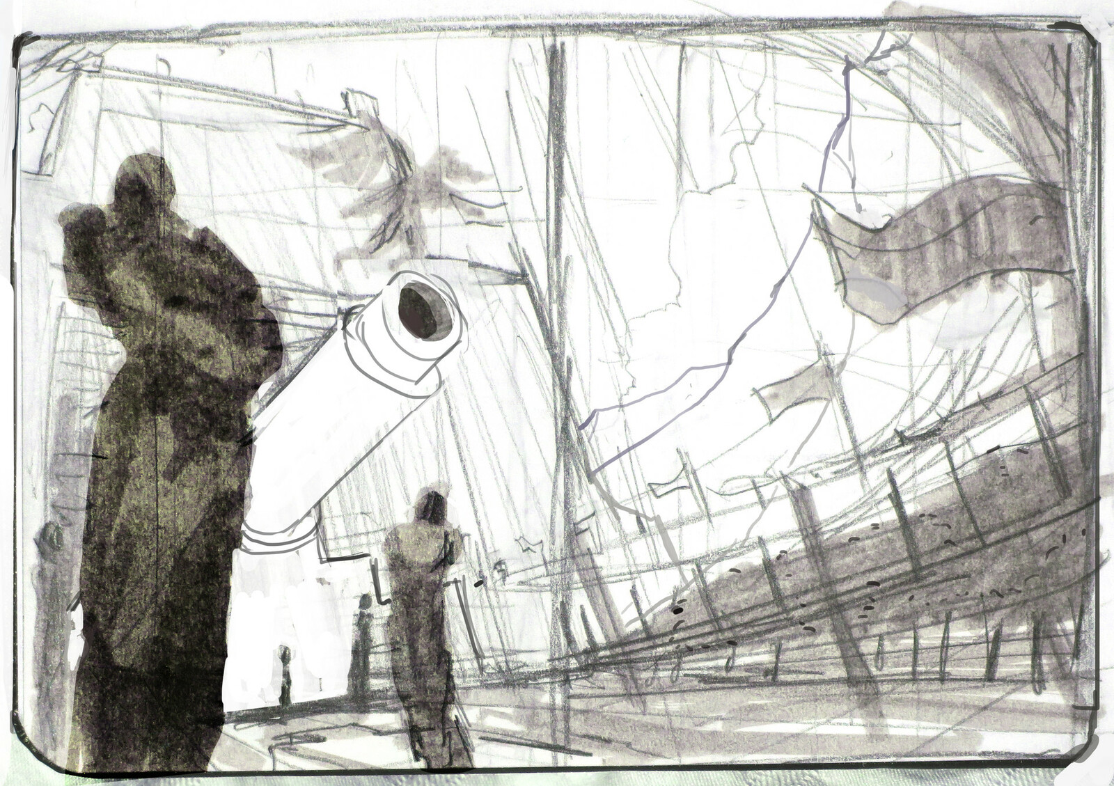 Composition sketch, I decided to reduce the importance of the cannon.
