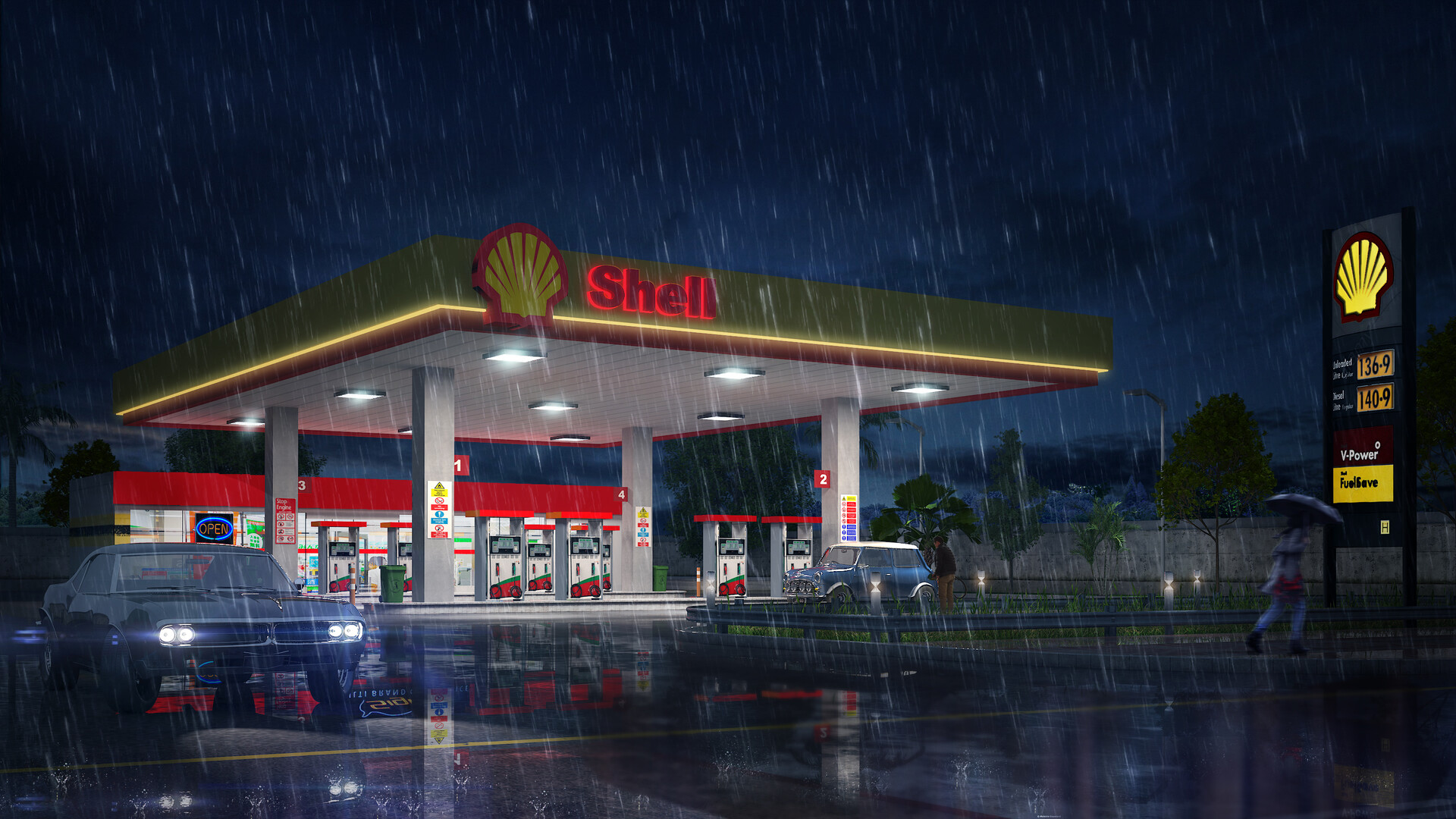 ArtStation Rainy Night Petrol pump
