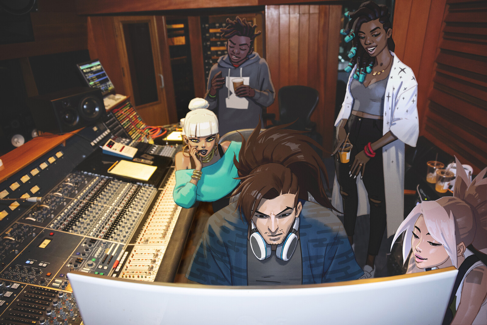 True Damage Instagram.  Akali assembles the collective: Making magic.  Producer Yasuo putting the track together.  (The studio featured in this image is the actual studio where the most of the vocals were recorded).