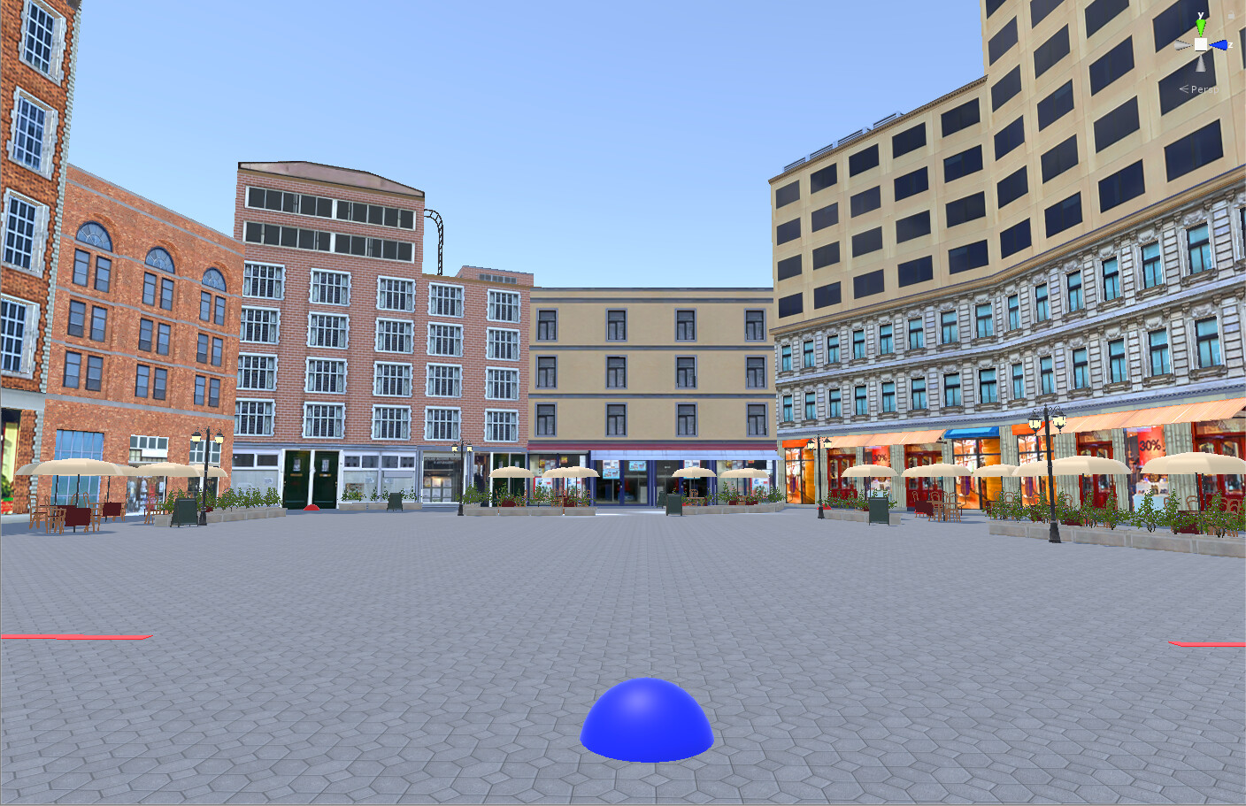 A plaza with debug