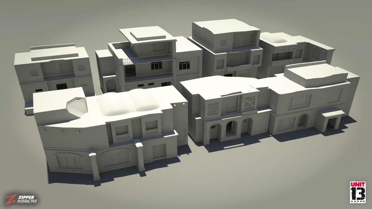 Residential area, clay renders of housing.