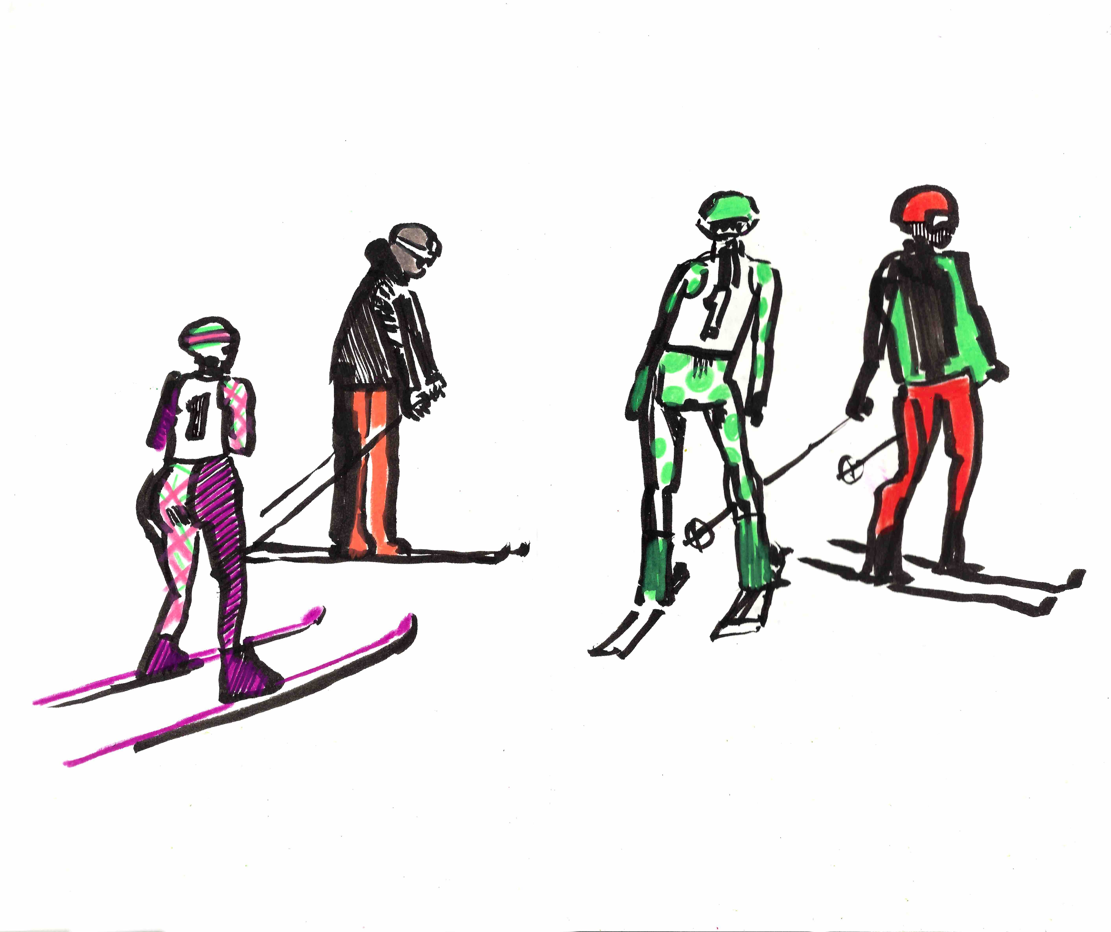 These Skiers were drawn on location. Go out and draw the world as you see it around you.