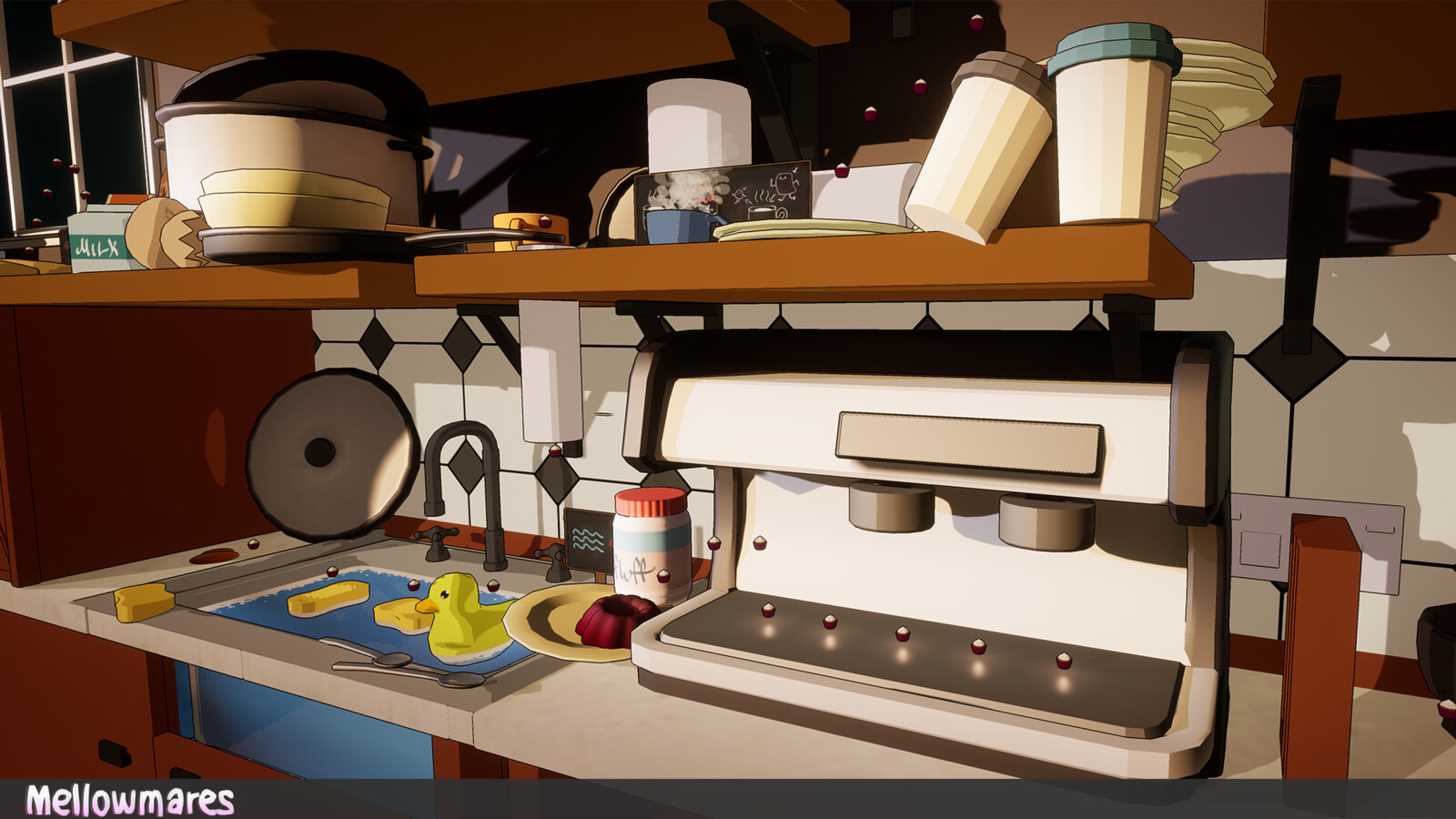 Game-play render. I created the takeaway cups. coffee machine and sink assets.