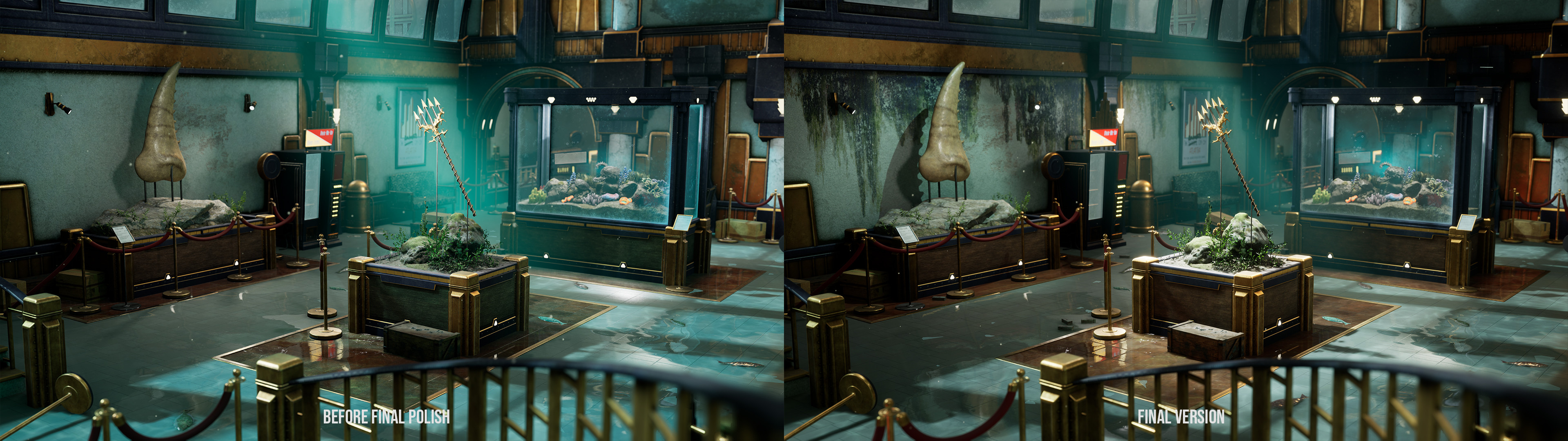 When I finished this environment for my class, the left image was the finished result. After the class ended I knew I wanted to push it a tad further, with additional polishing of the lighting and setdressing (with addition of moldy/leaky decals)