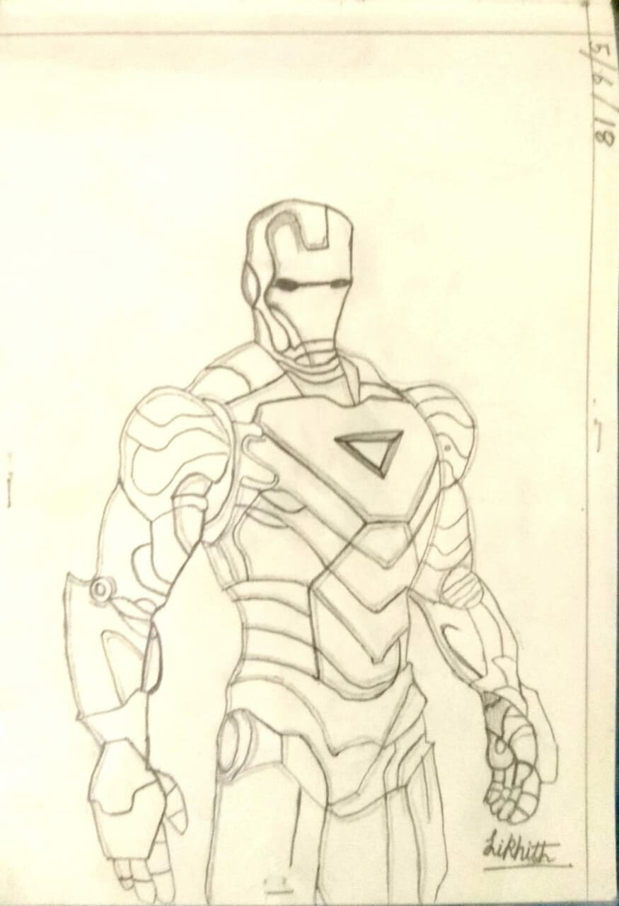 Iron Man Mk46 suit, pencil drawing by Squinty (me), 2019 : r/Marvel