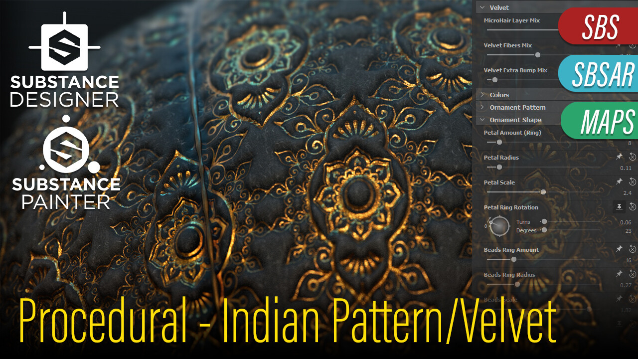 This Material/Project is now on my Marketplace ! https://www.artstation.com/kumodot/store/VVgP/procedural-velvet-indian-pattern