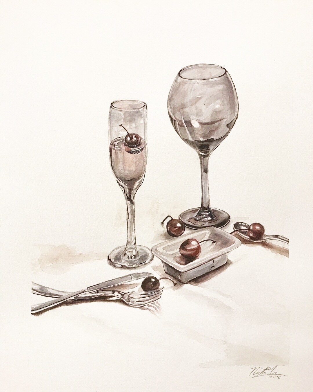 “Cherry, Glass, Metal, Ceramic” - watercolor still life