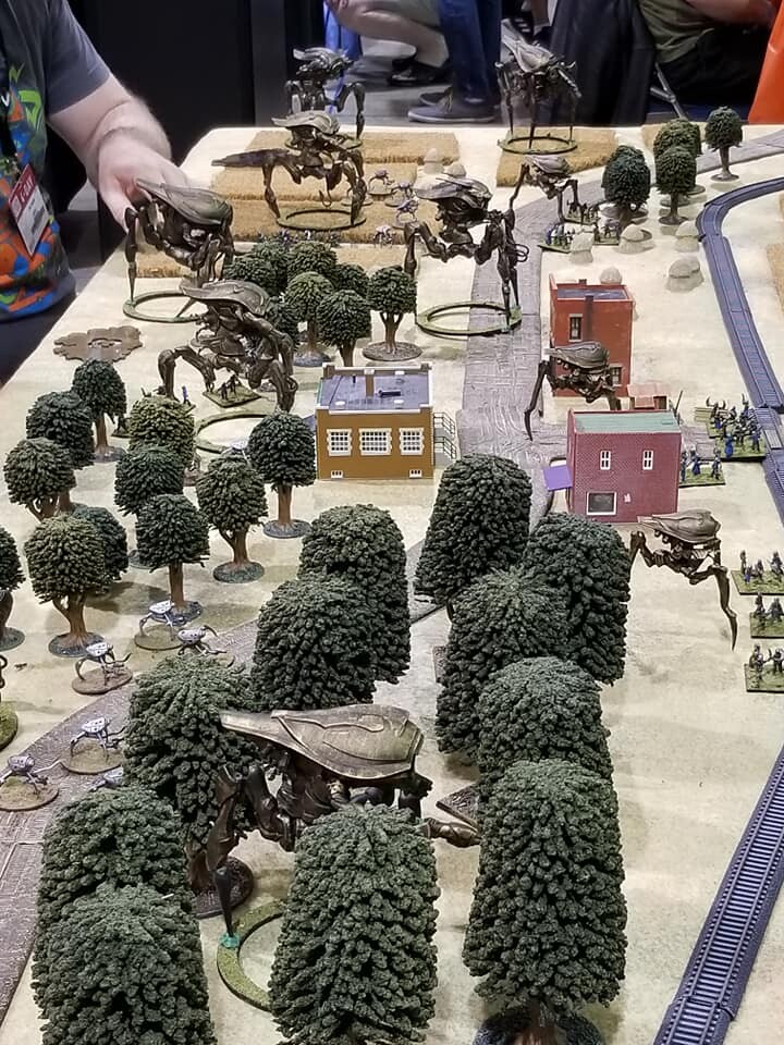 A Martian force of Tripods advances, on the All Quiet on the Martian Front table at GenCon 2019!  Scout, Grenadier, and Assault configurations are in this photo.