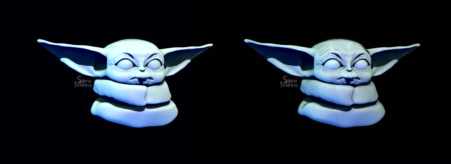 Baby Yoda Shaded and Wireframe on Shaded view (lit)
