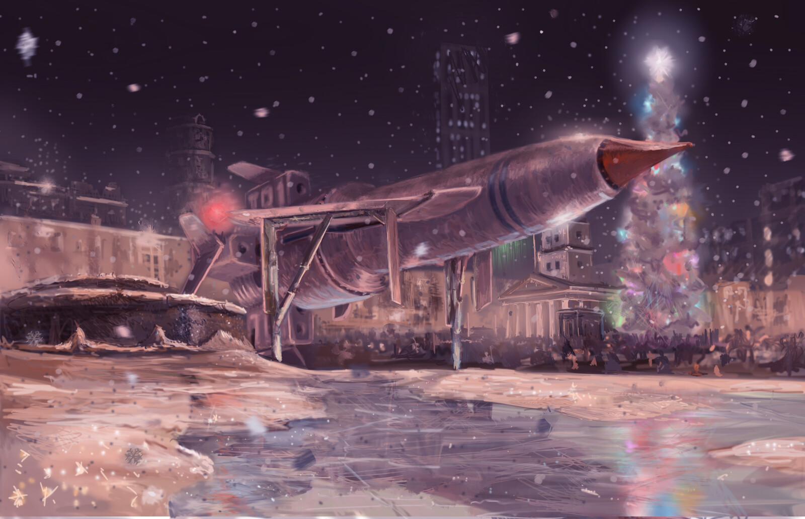 THUNDERBIRD 1 at CHRISTMAS
Thunderbird sits in the middle of Trafalgar Square at Christmas time. 
Thunderbirds was created by Gerry Anderson. Thunderbird 1 designed by Derek Meddings. 