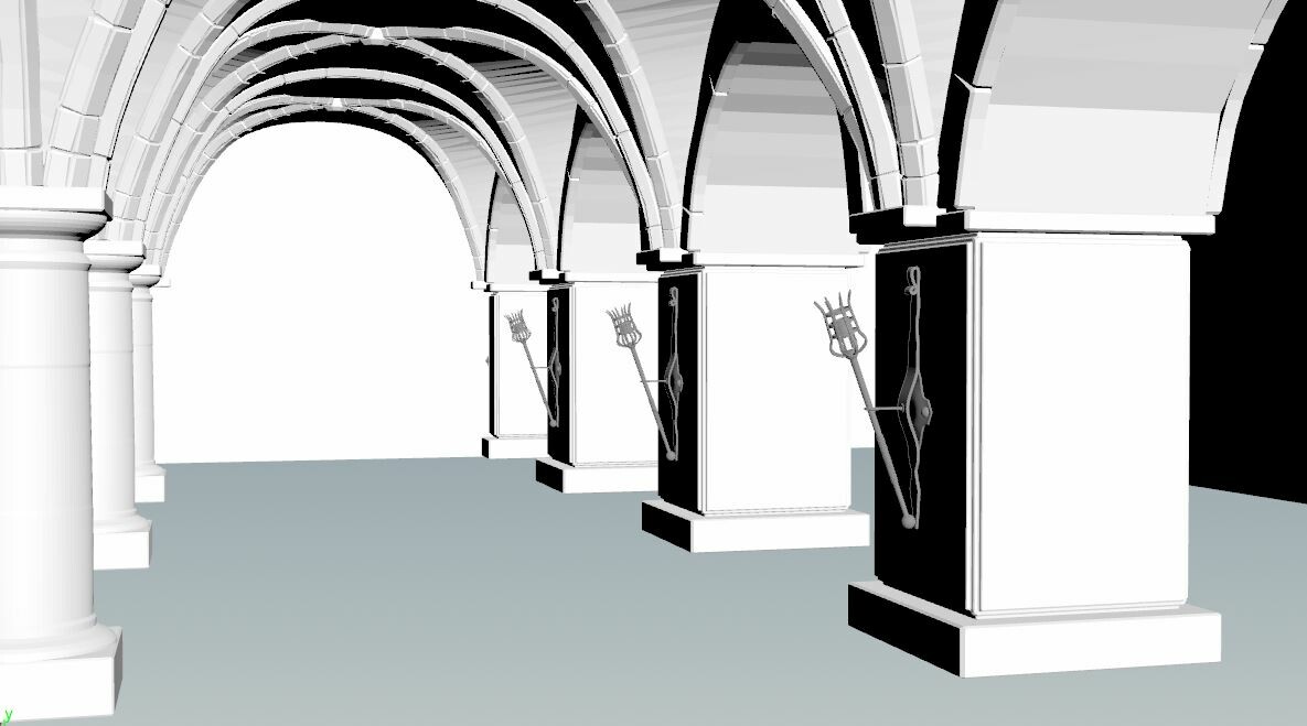 Corridor in background with fully procedural torch model  fitting the archway. 