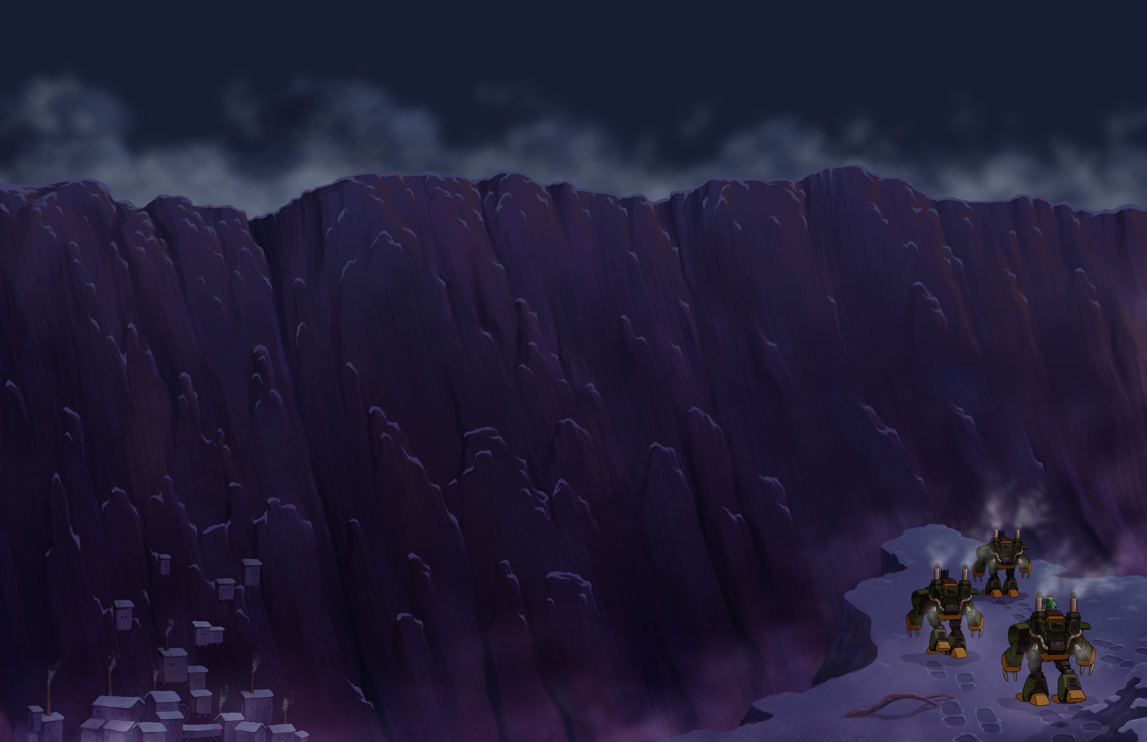 Biggs, Wedge, and Terra approaching the mines of Narshe in Magitek armor. 