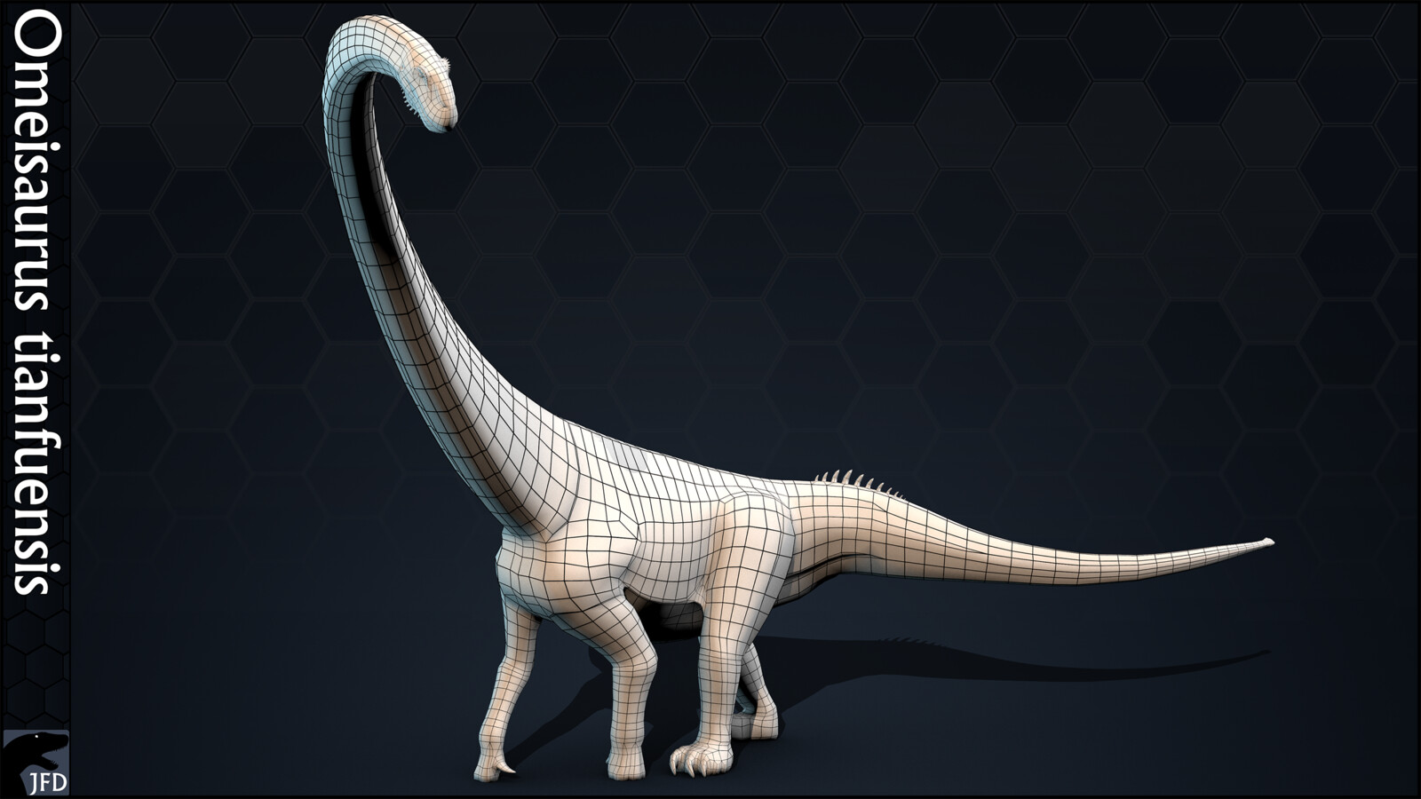Omeisaurus tianfuensis full body wireframe render.