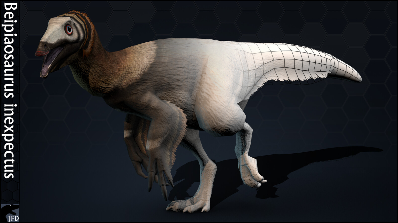 Beipiaosaurus inexpectus full body, normal map and wireframe render.