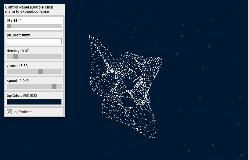 This was the initial exploration of the P5.js library and use of the p5.gui library and particles. The following web link demonstrates its active operation with control panel: https://morphingdesign.github.io/geo_p5_GraphVis_Basic/