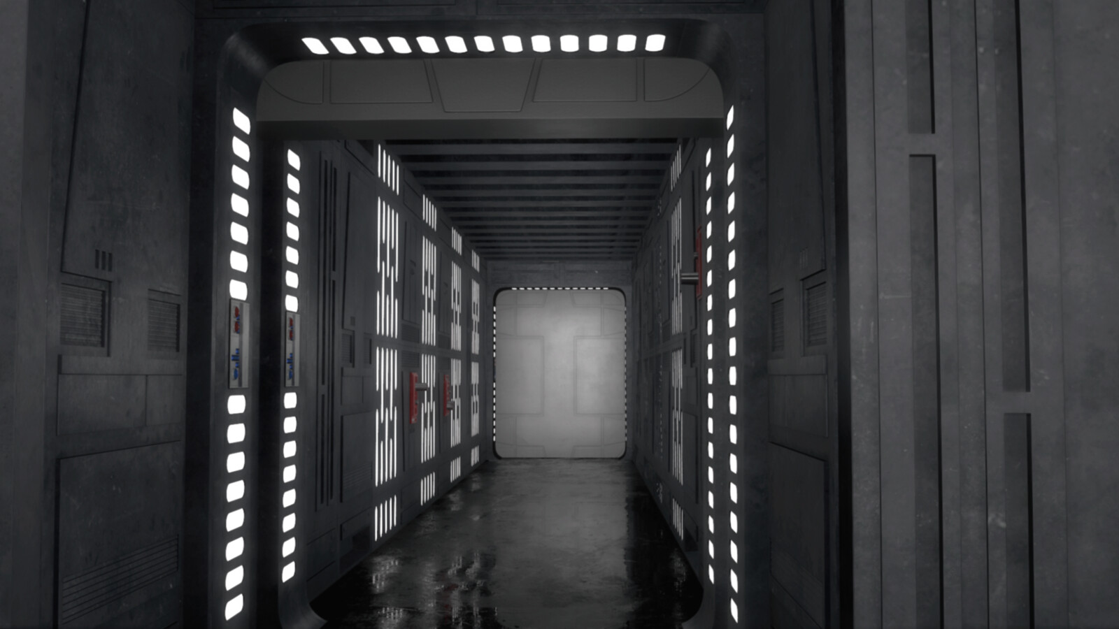 Some early test shots I did of the corridor environments I modeled for the film. 