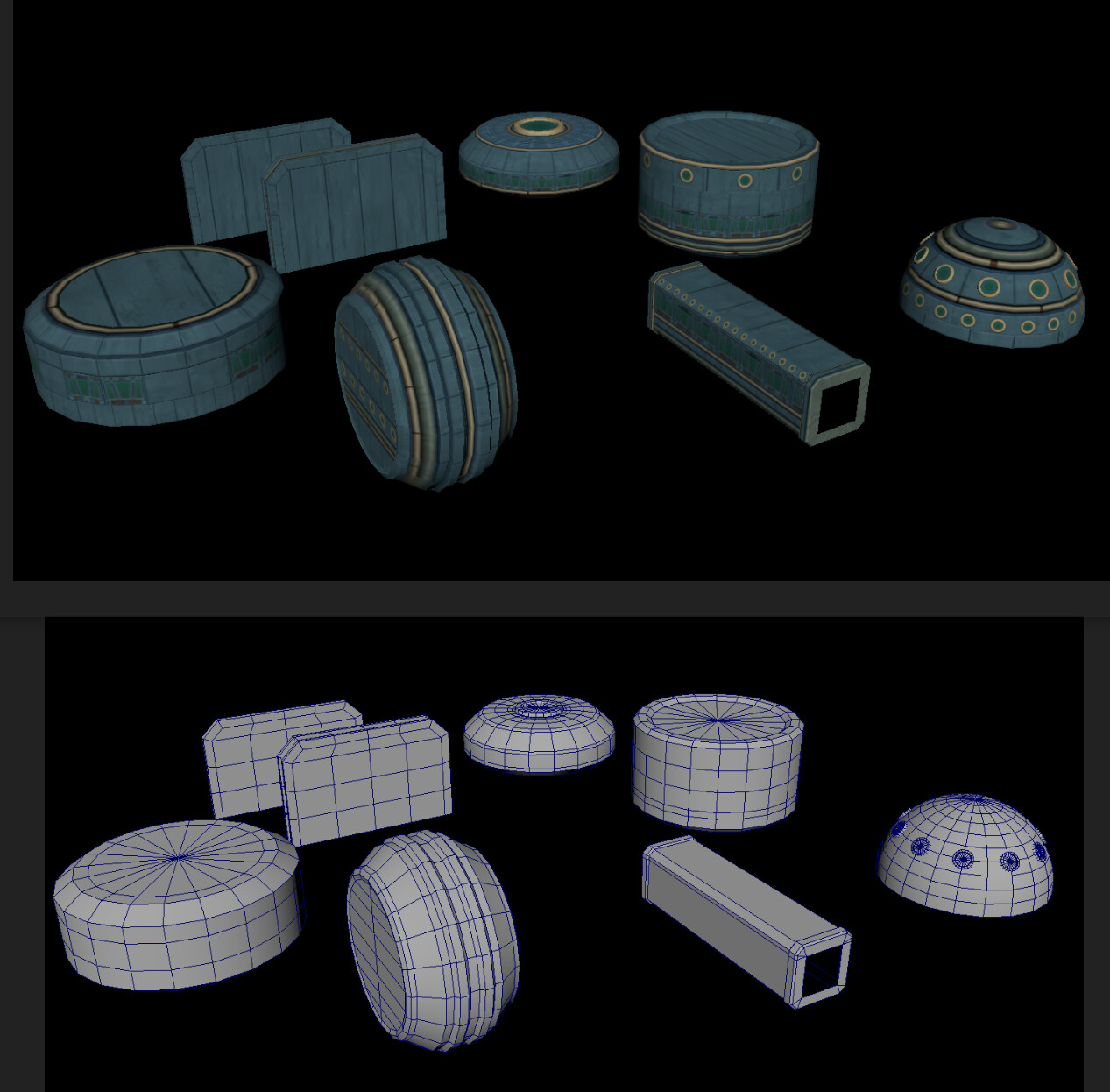 Once I had the trim-sheet, UV mapped the different strips onto different loops of the relatively low-poly geo.
