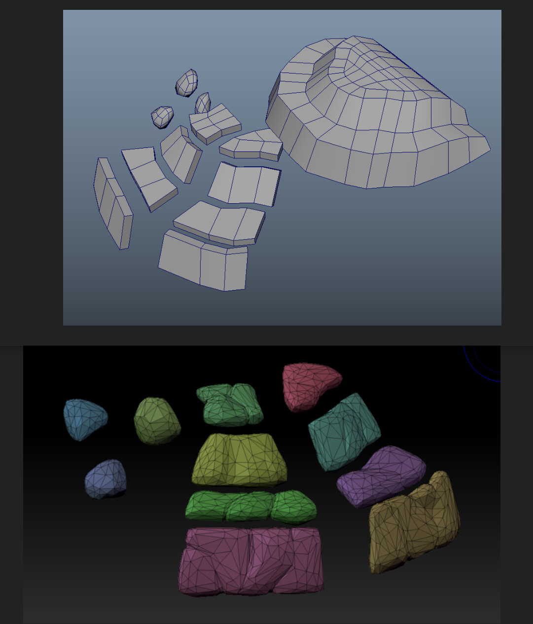 Here's the basic plan for the cliff-side stones.  A quick sculpt in zbrush and then several passes of decimation-master to get the final geo.