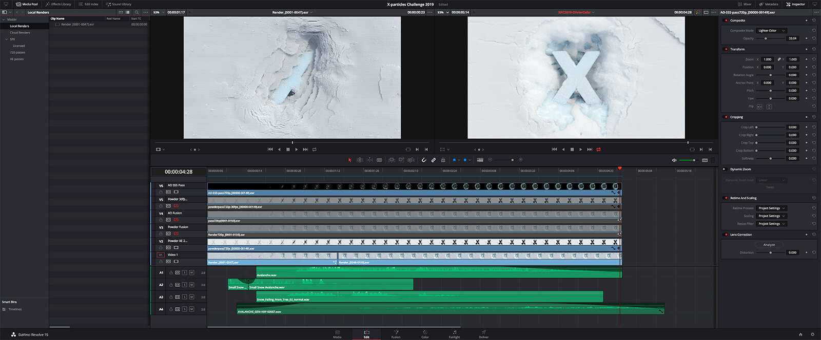 Editing in Resolve. I layered 4 different sound effects to give depth to the shot.