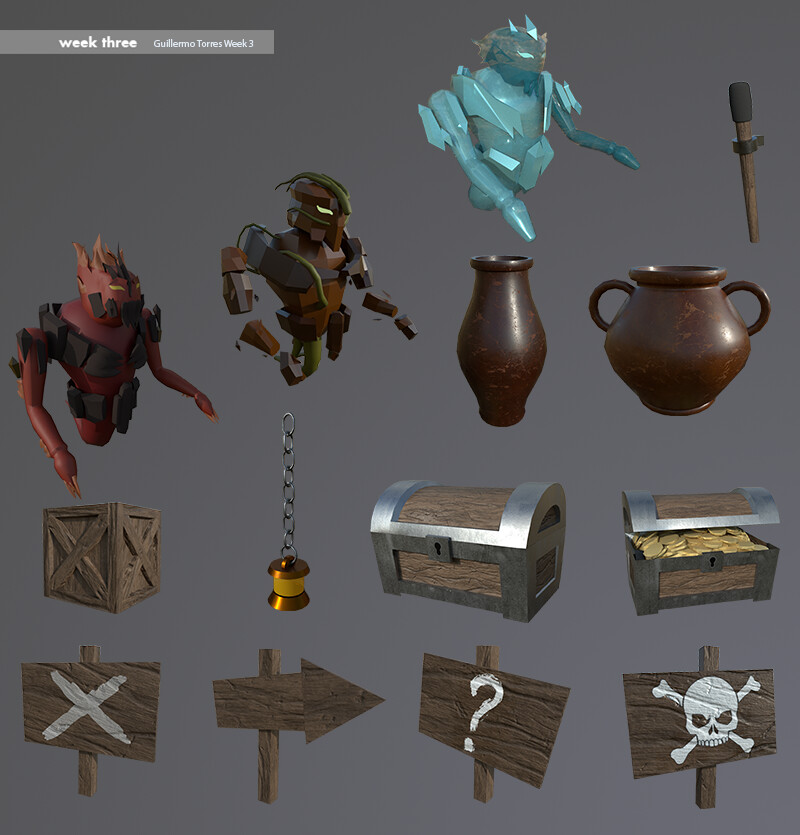 Week 3. After creating and agreeing on a color palette for the characters and environmental pieces, the rest of the week is focused on textures and making changes that the designers request.