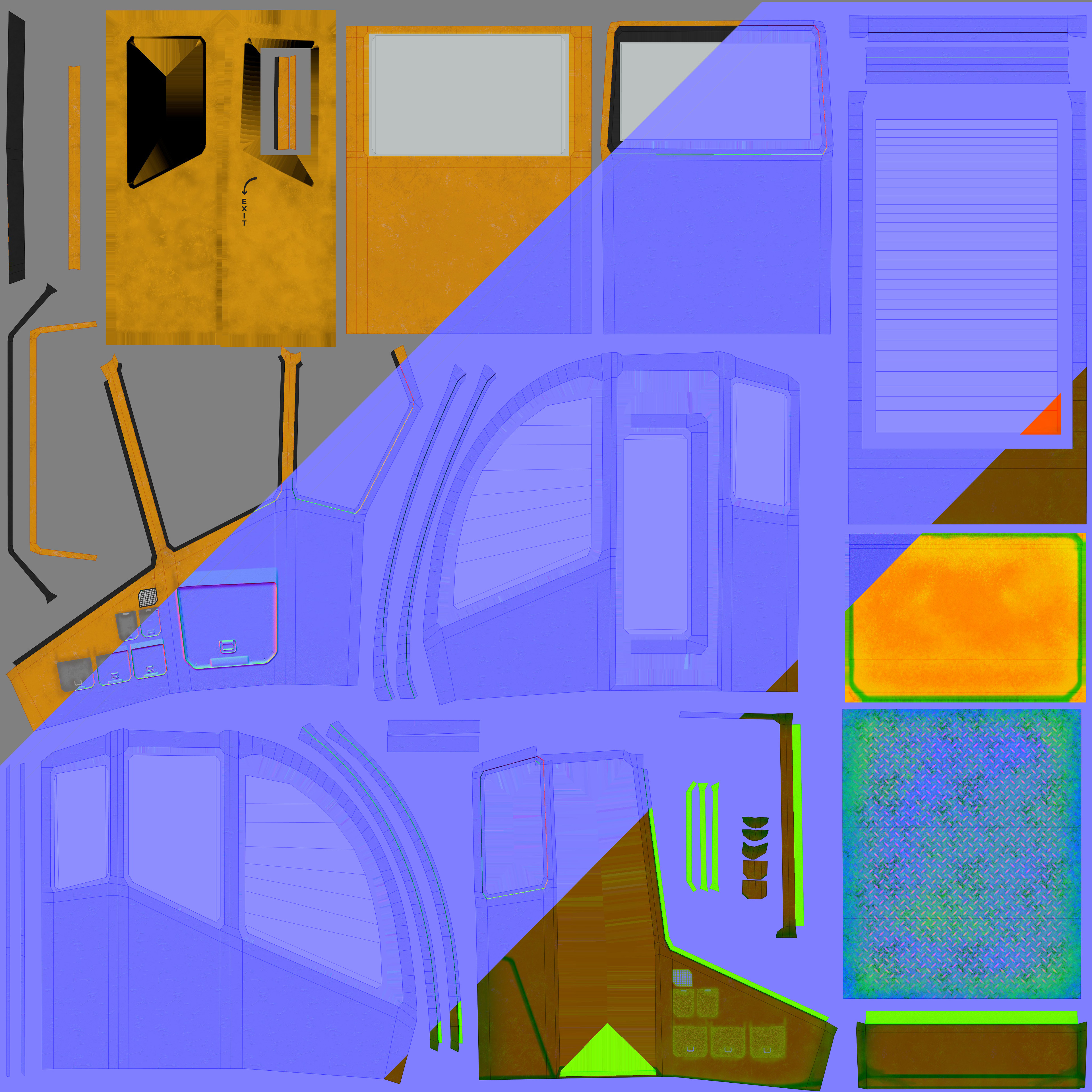 Texture slice of the three 4k maps and UV snapshot overlay