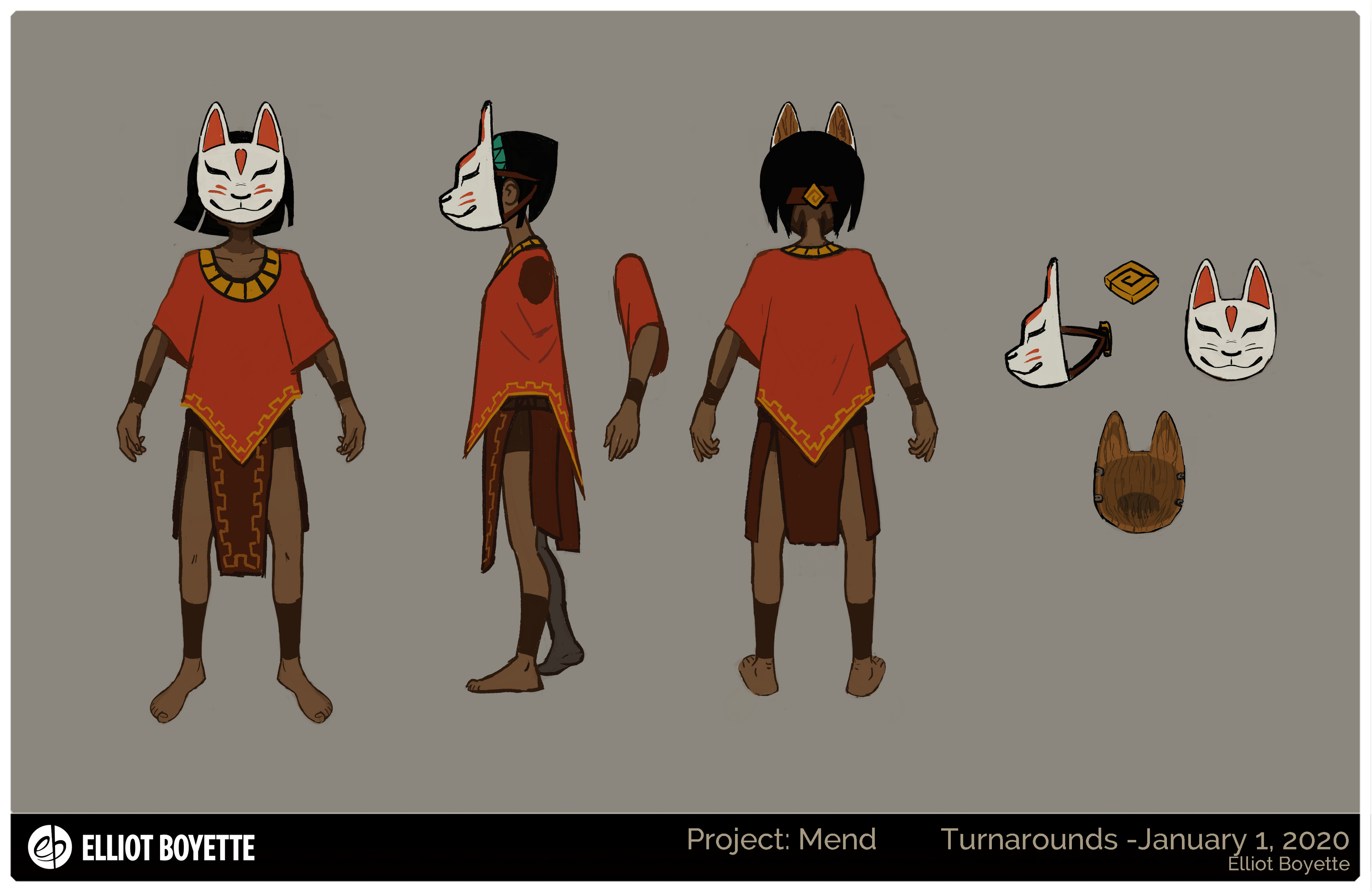 Original model sheet. This version was deemed too off culture but we wanted to retain some aspects of the design that worked like the bright color and the fox ears. 