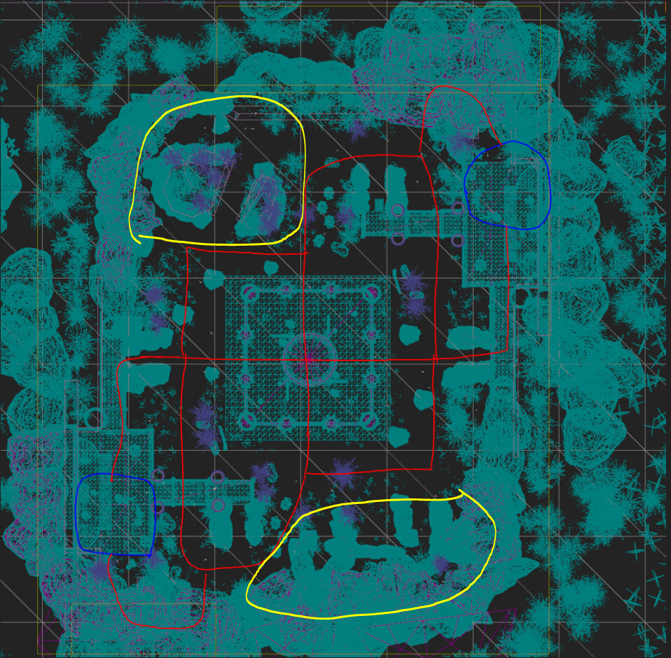 (Blue) Player spawns/CTF Objective
(Red) Symmetrical routes to give each side a fair fight when playing the objective.
(Yellow) Asymmetrical areas to change up the play style for each side. 
