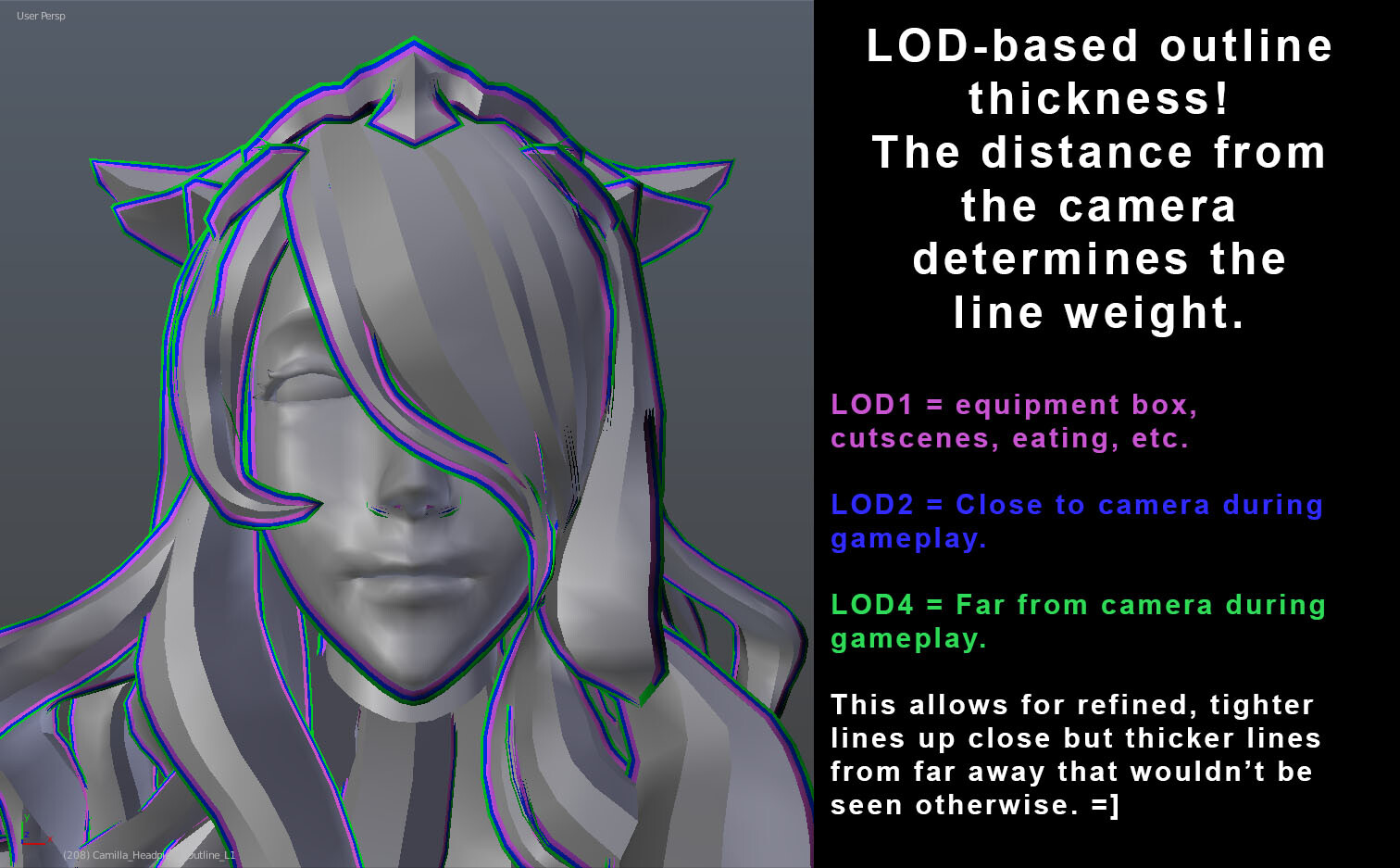 The outline is not a shader, so in order to get outline thickness based on camera distance, I put them on LODs!