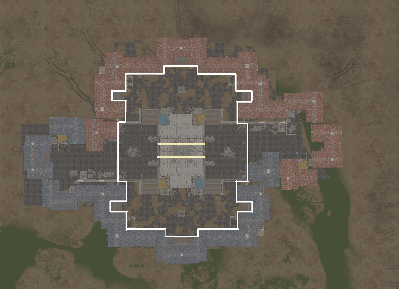 (After feedback and iteration)

(White) playable area.
(Yellow) traversal tunnel connecting both sides of the map.