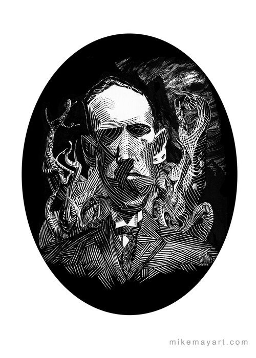 A claybord (yes, it's spelled that way) ink/scratch of H.P. Lovecraft